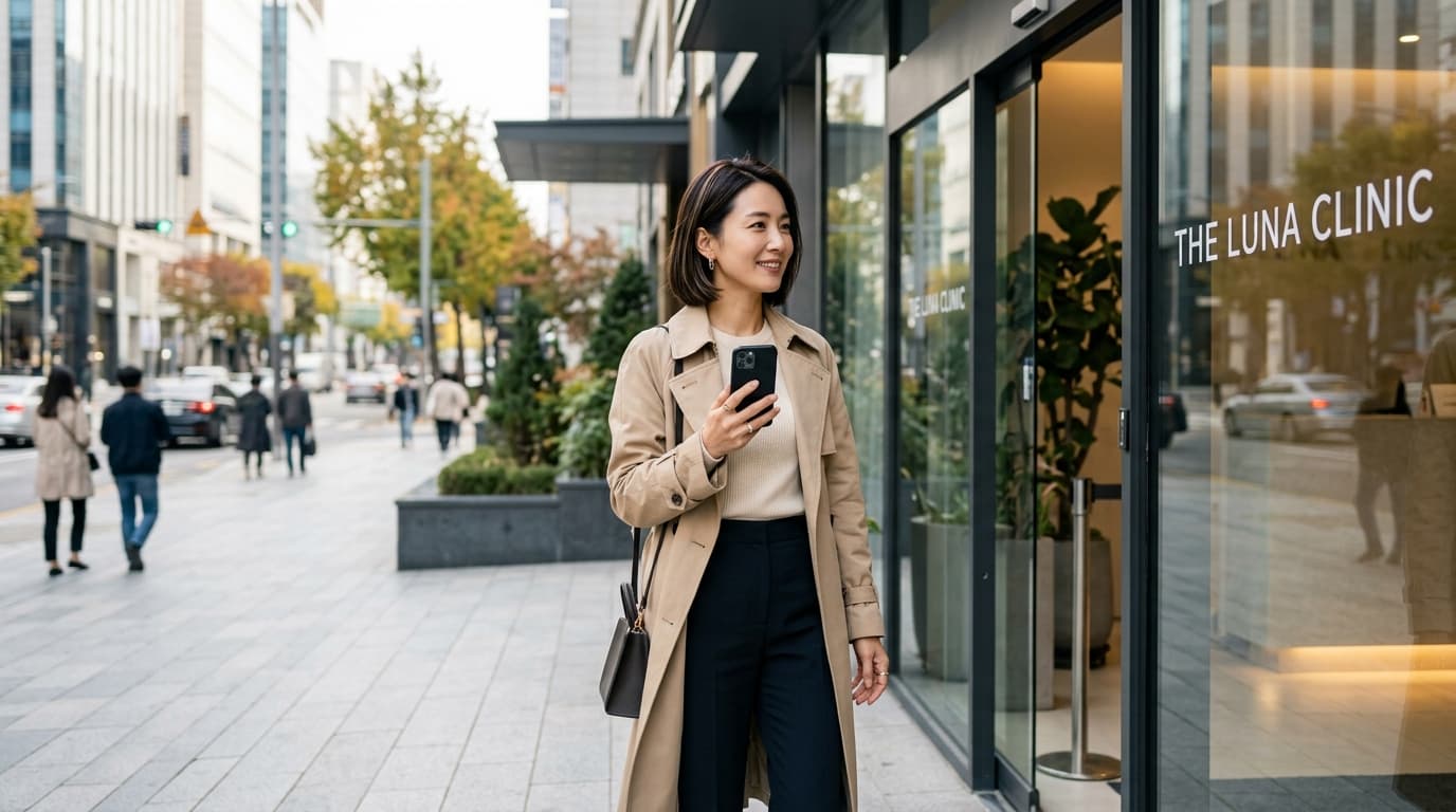 ソウル江南のJK美容外科前でスマホを持つ日本人女性