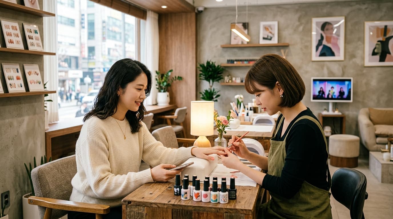 江南の韓国ネイルサロンで施術を受ける日本人女性の様子