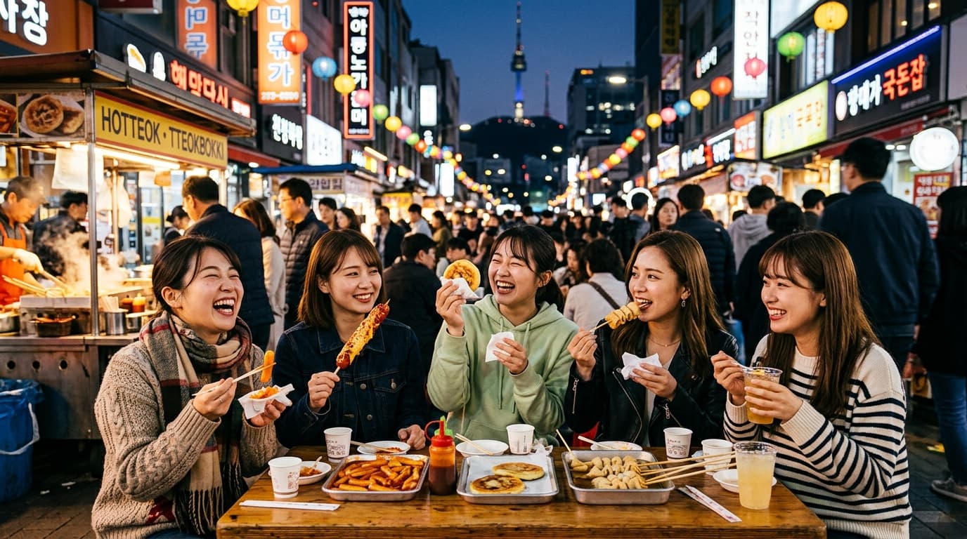 明洞の屋台で韓国グルメを楽しむ日本人女性グループの写真