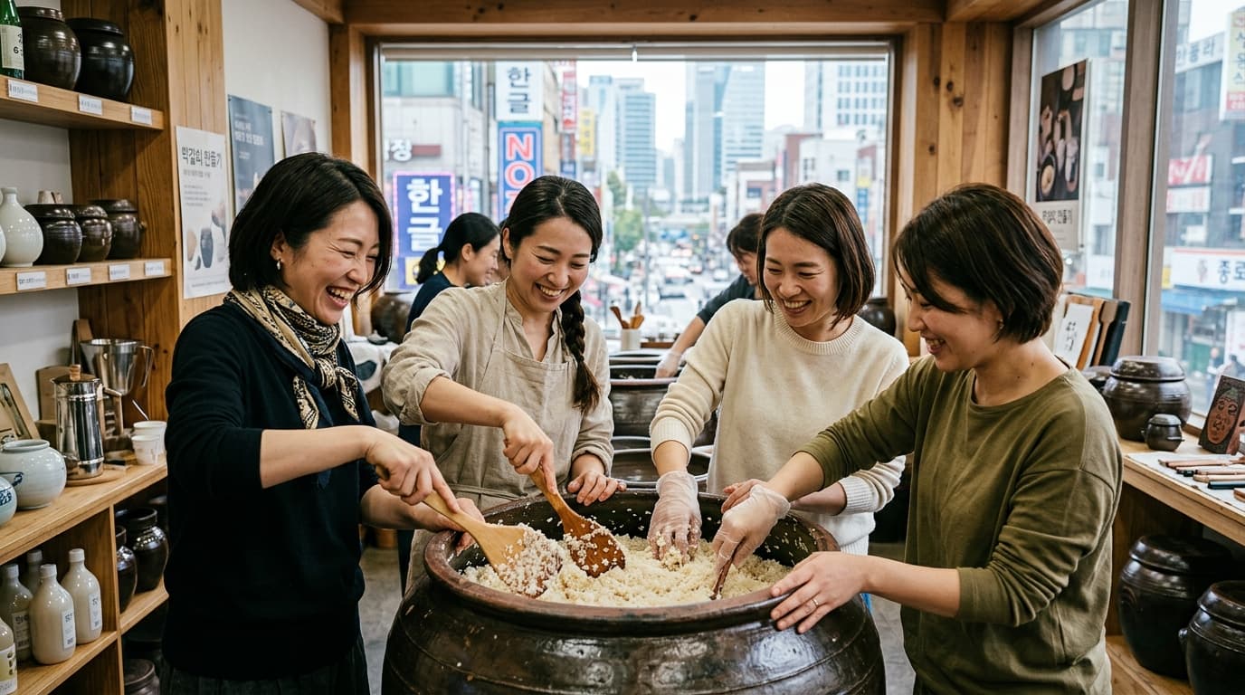 ソウルのマッコリ体験教室で仕込みを楽しむ日本人女性たち