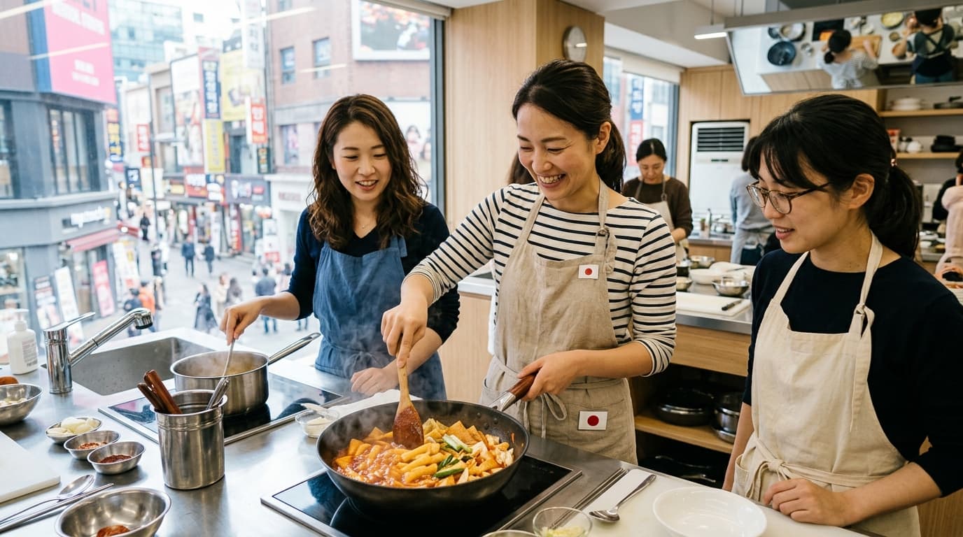 明洞のキッチンスタジオでトッポッキ作り体験を楽しむ日本人女性たち