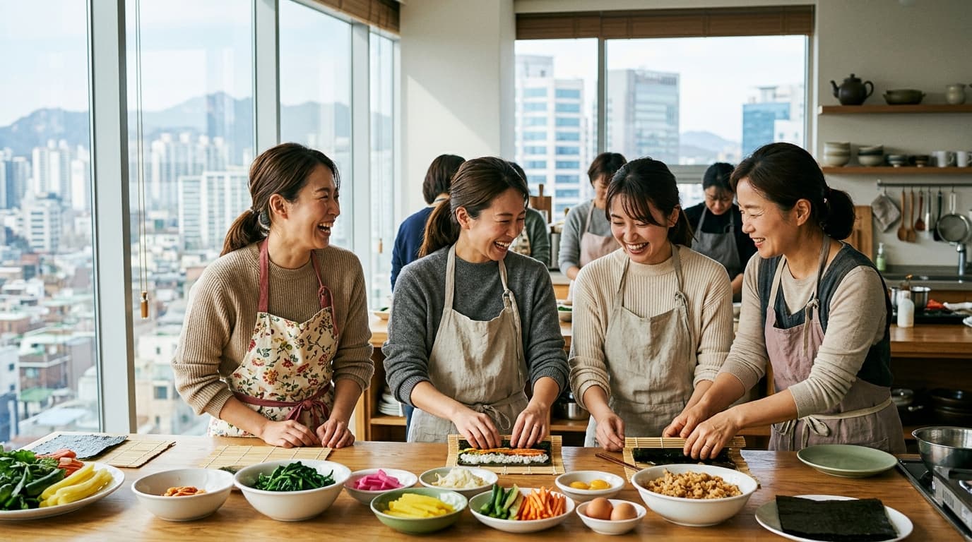 ソウルの料理教室でキンパを作る日本人女性グループと韓国人講師
