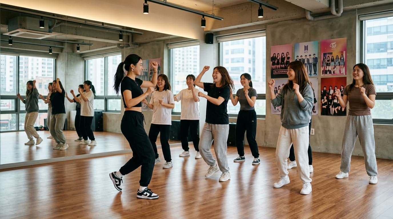 ソウルのK-POPダンススタジオで日本人女性が講師とレッスンする様子