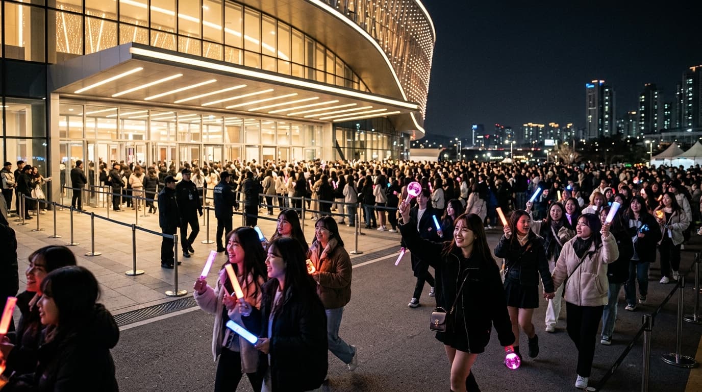 夜のソウルでK-POPコンサートに向かうファンの群れの写真