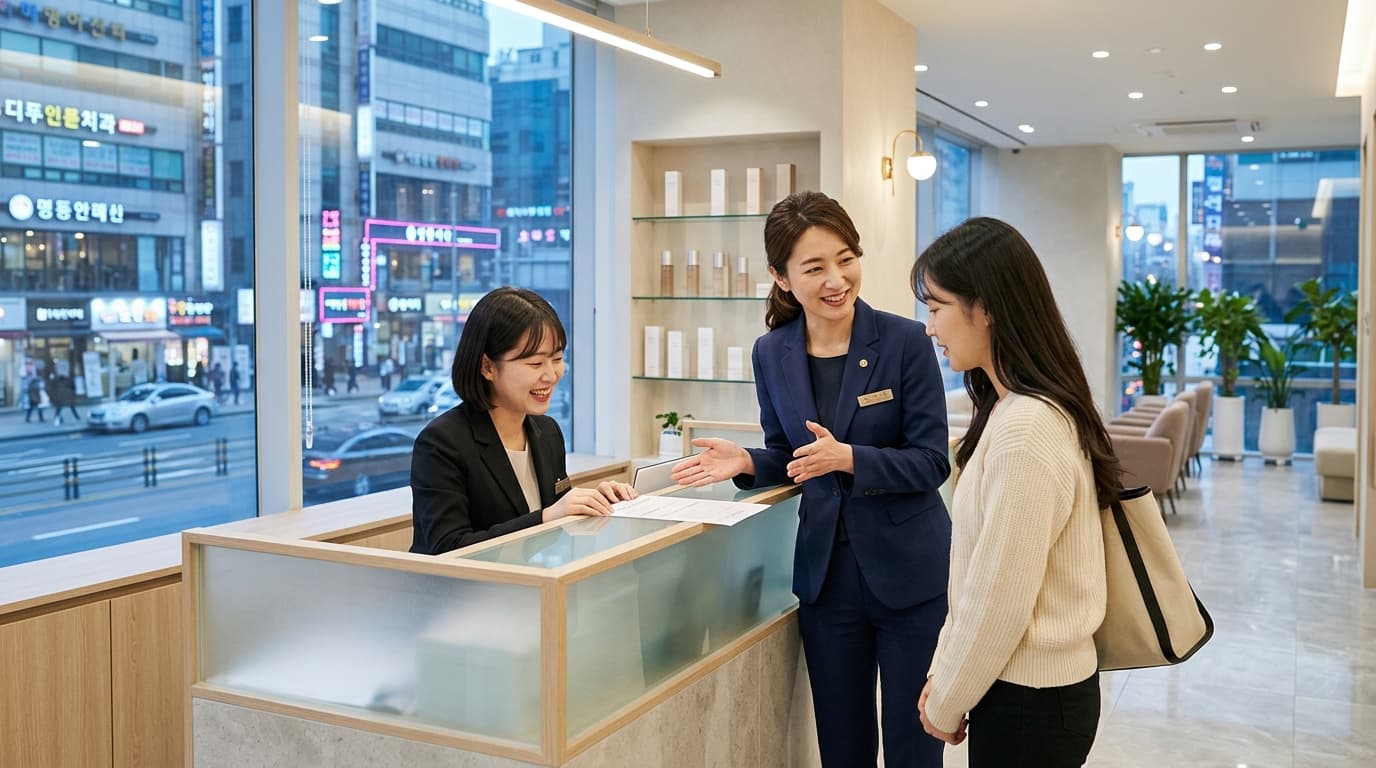 韓国の美容クリニック受付で日本語通訳が女性客を案内している様子
