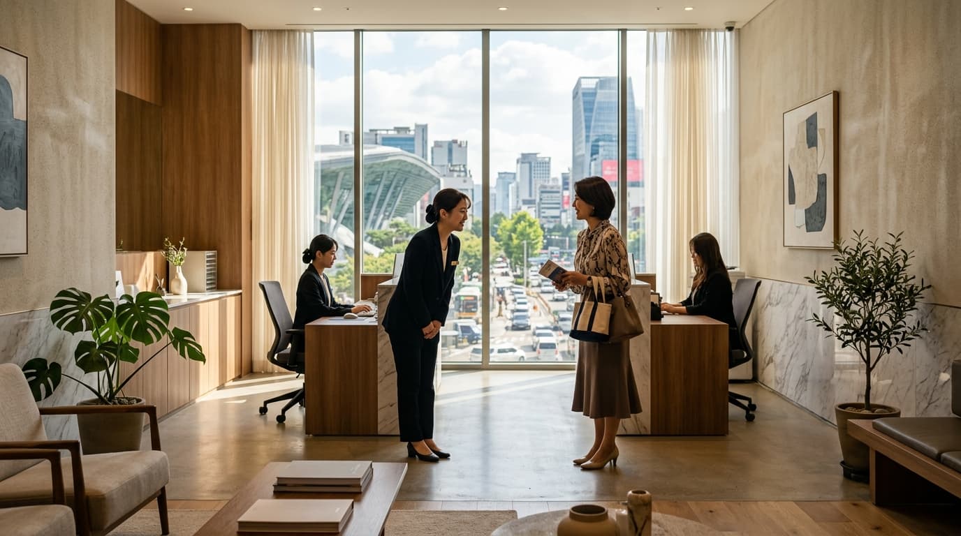 ソウルの近代的な眼科クリニック受付で日本人女性を日本語通訳が迎えるシーン