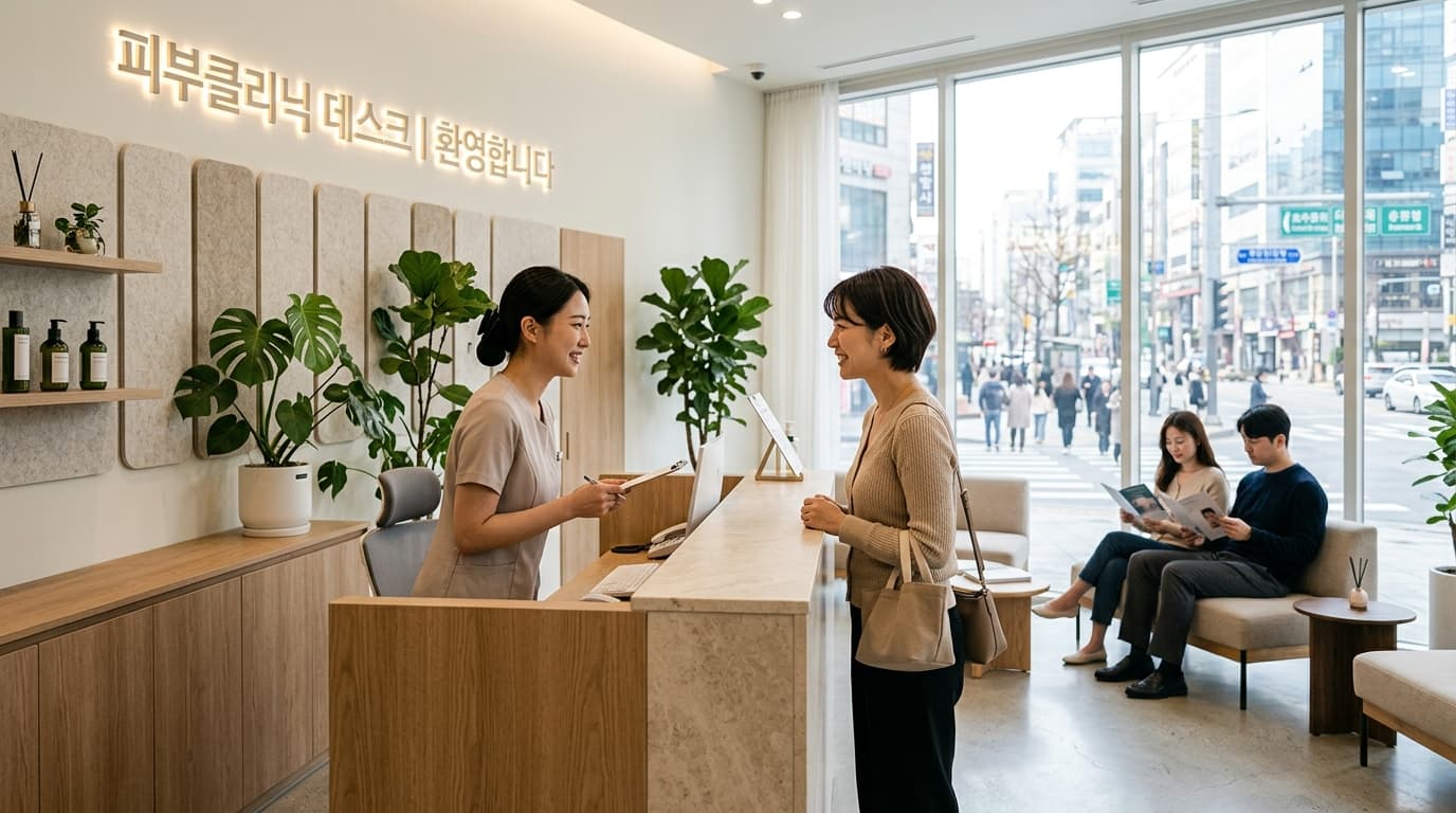 ソウル市内の美容皮膚科受付で日本人女性がスタッフに案内されている様子