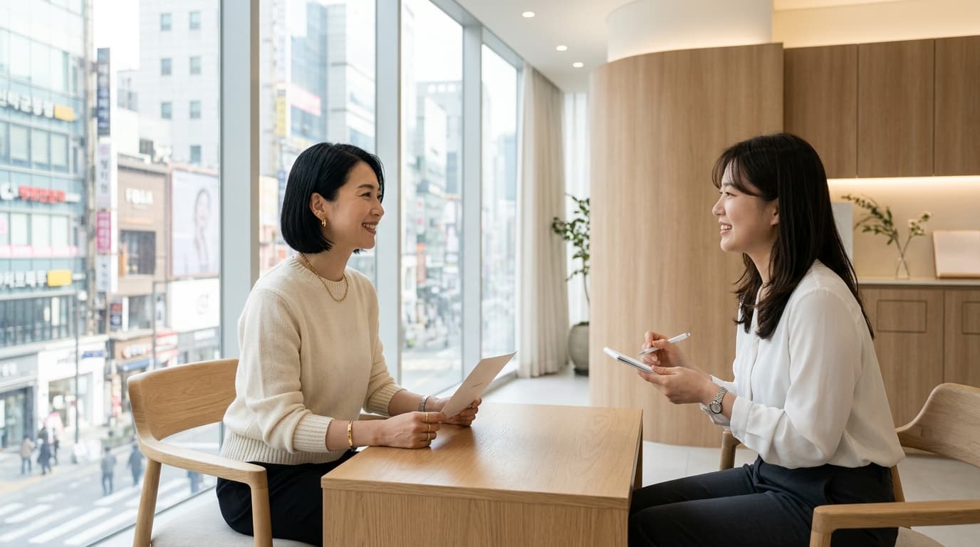韓国明洞の美容皮膚科で日本人女性が通訳と相談している様子
