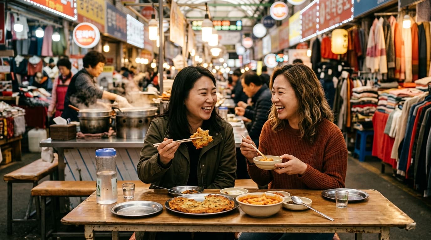 ソウルの広蔵市場でグルメを食べ歩く30代女性たちの様子