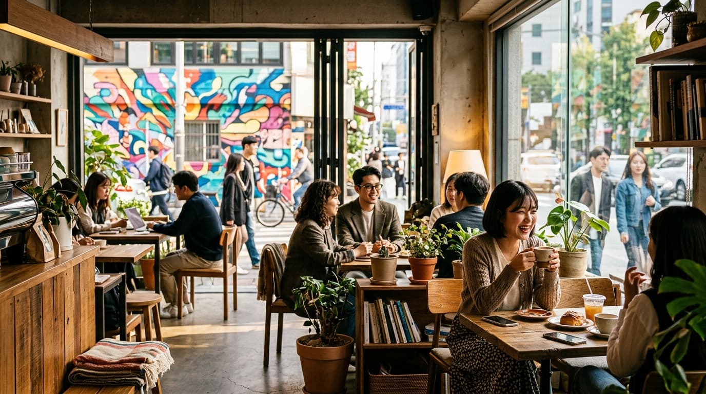 ソウル・聖水のガラス張りカフェとストリートアートのある街並み