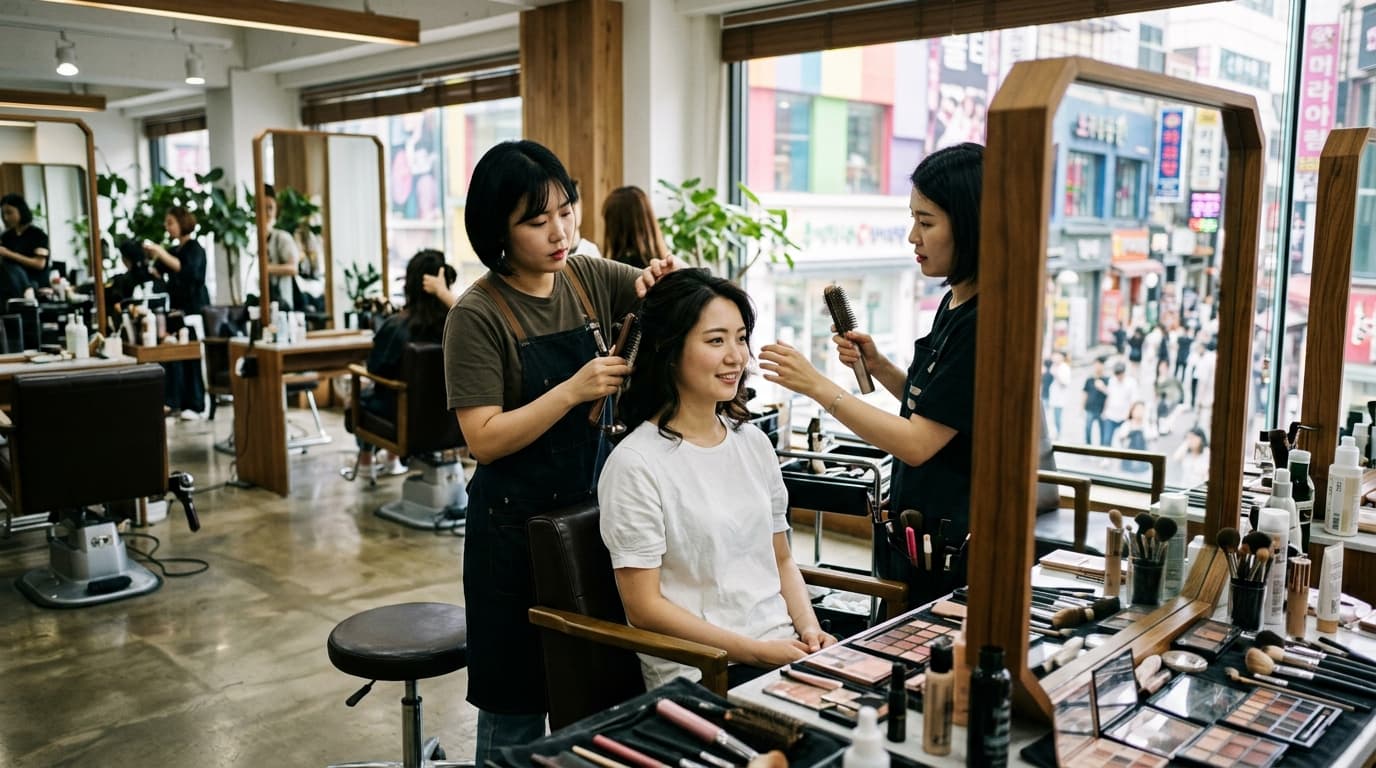 韓国ソウルの美容サロンで日本人女性がヘアメイクを受けている様子