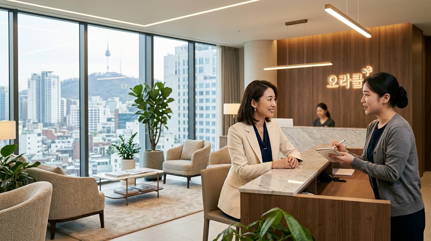 韓国のオラクル美容皮膚科の受付で日本人女性と通訳が相談する様子