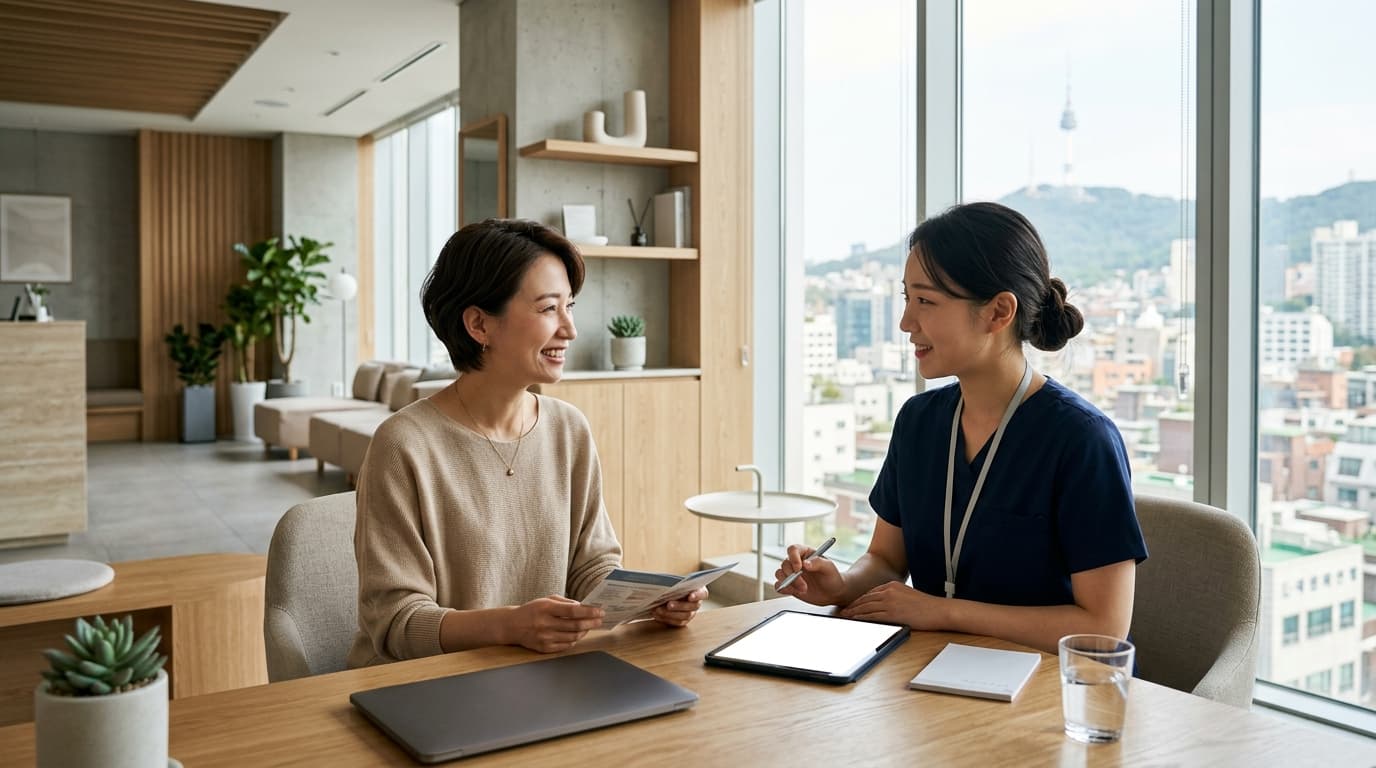 韓国ソウルのクリニックで日本人女性がカウンセリングを受けている様子
