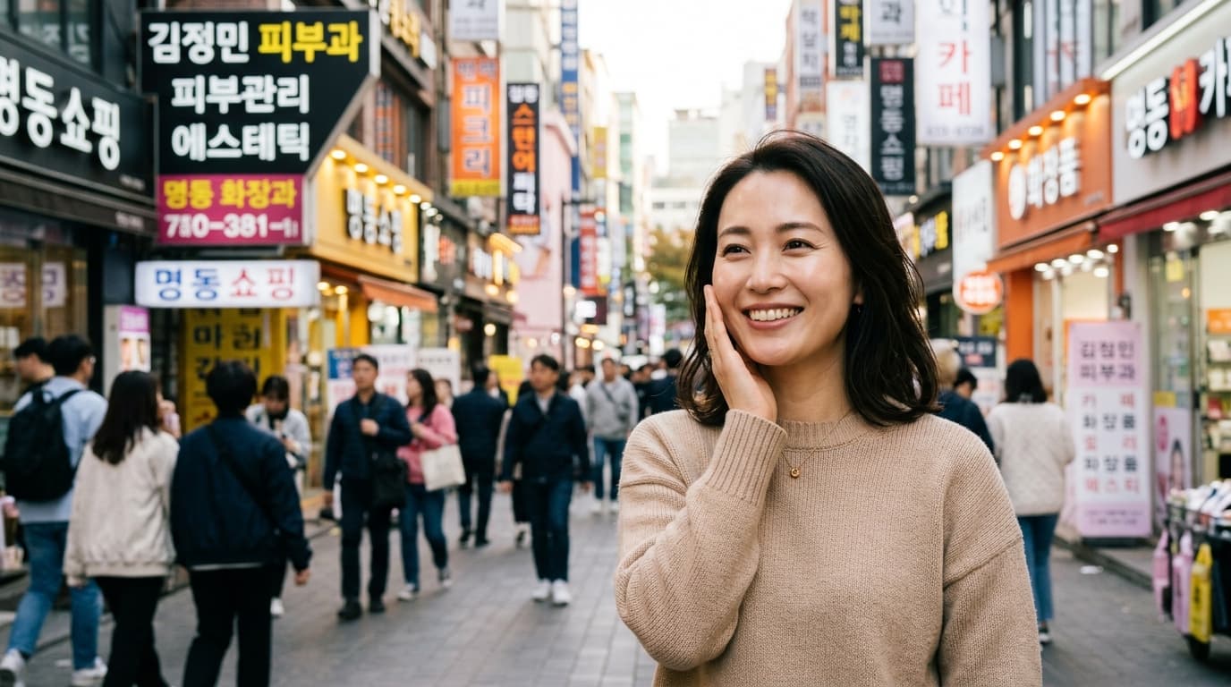 明洞の美容クリニック近くで頬を触れる日本人女性