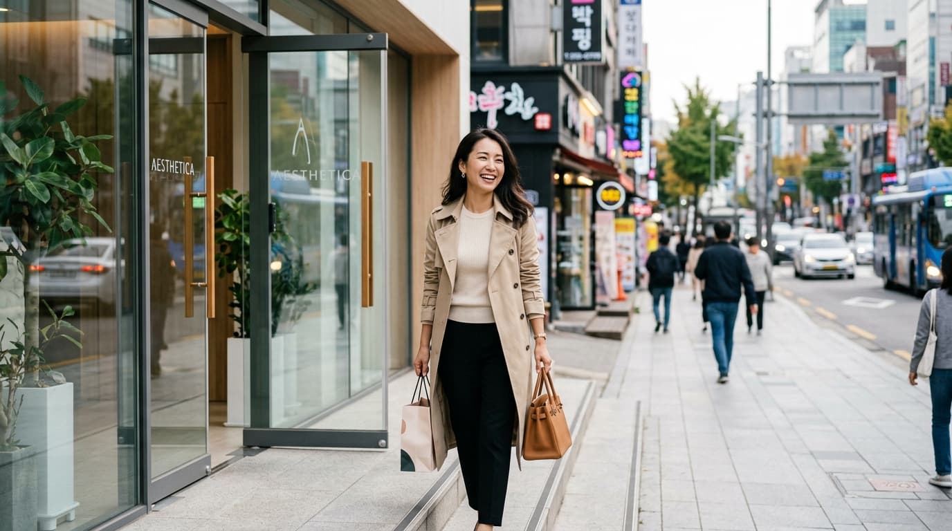 江南の美容クリニックを出て笑顔の日本人女性、韓国の街並み
