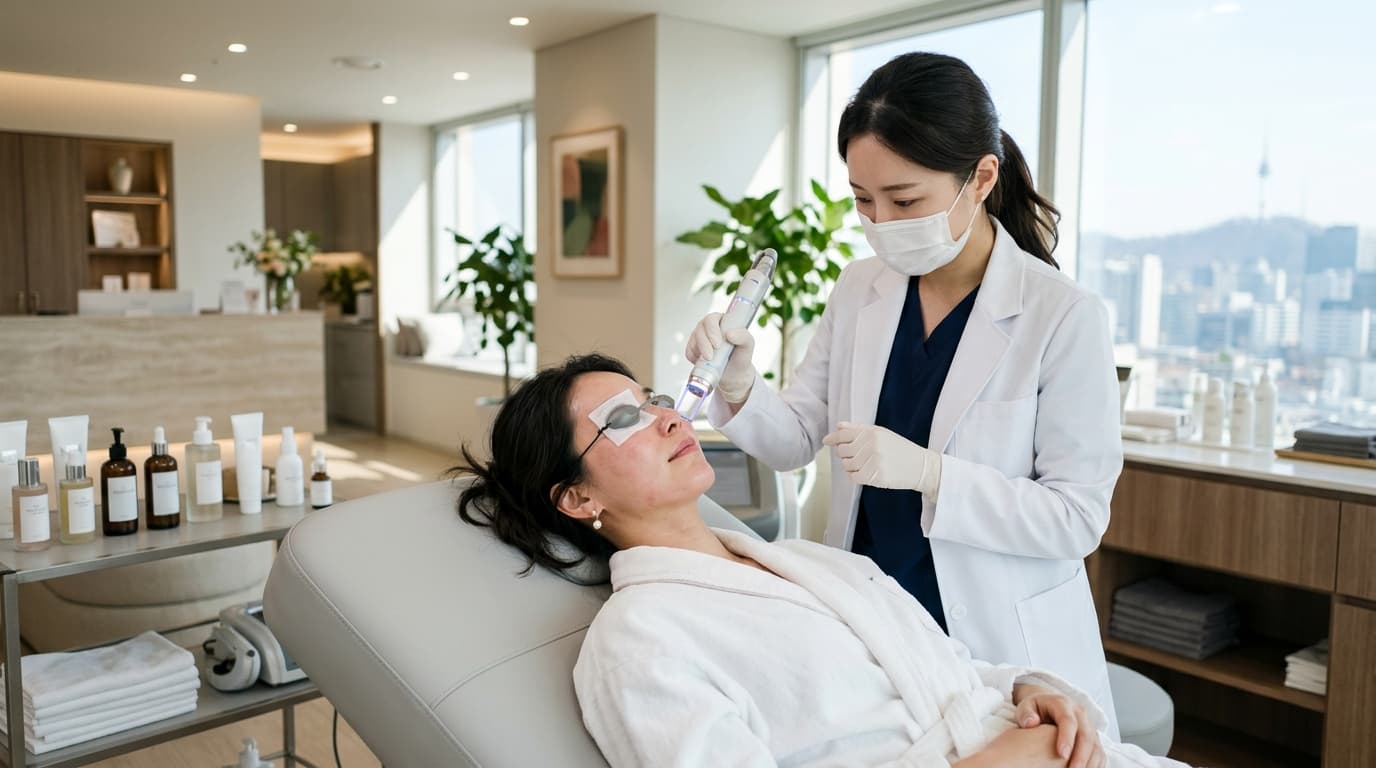 ソウルの皮膚科クリニックでレーザー施術を受ける日本人女性