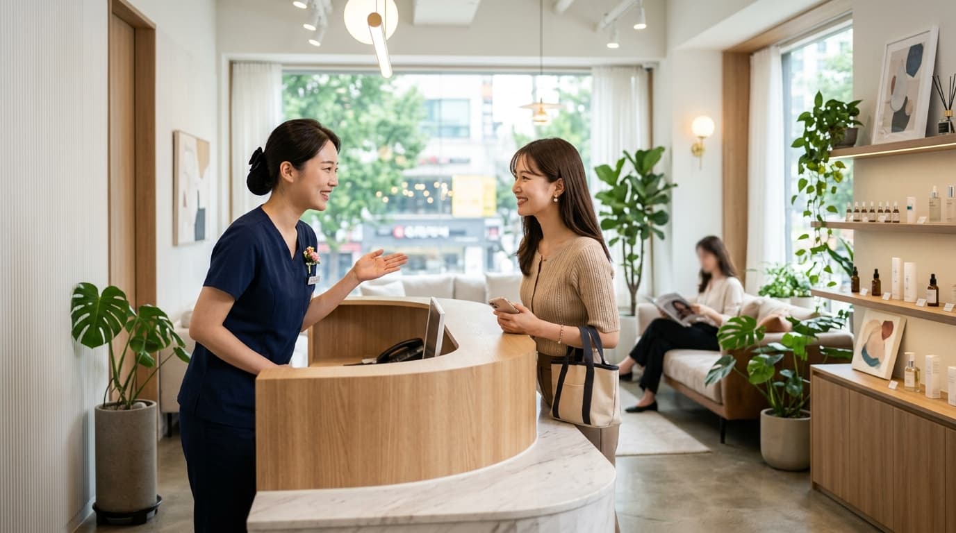 ソウルの美容皮膚科クリニックで日本人女性がスタッフに案内されている様子