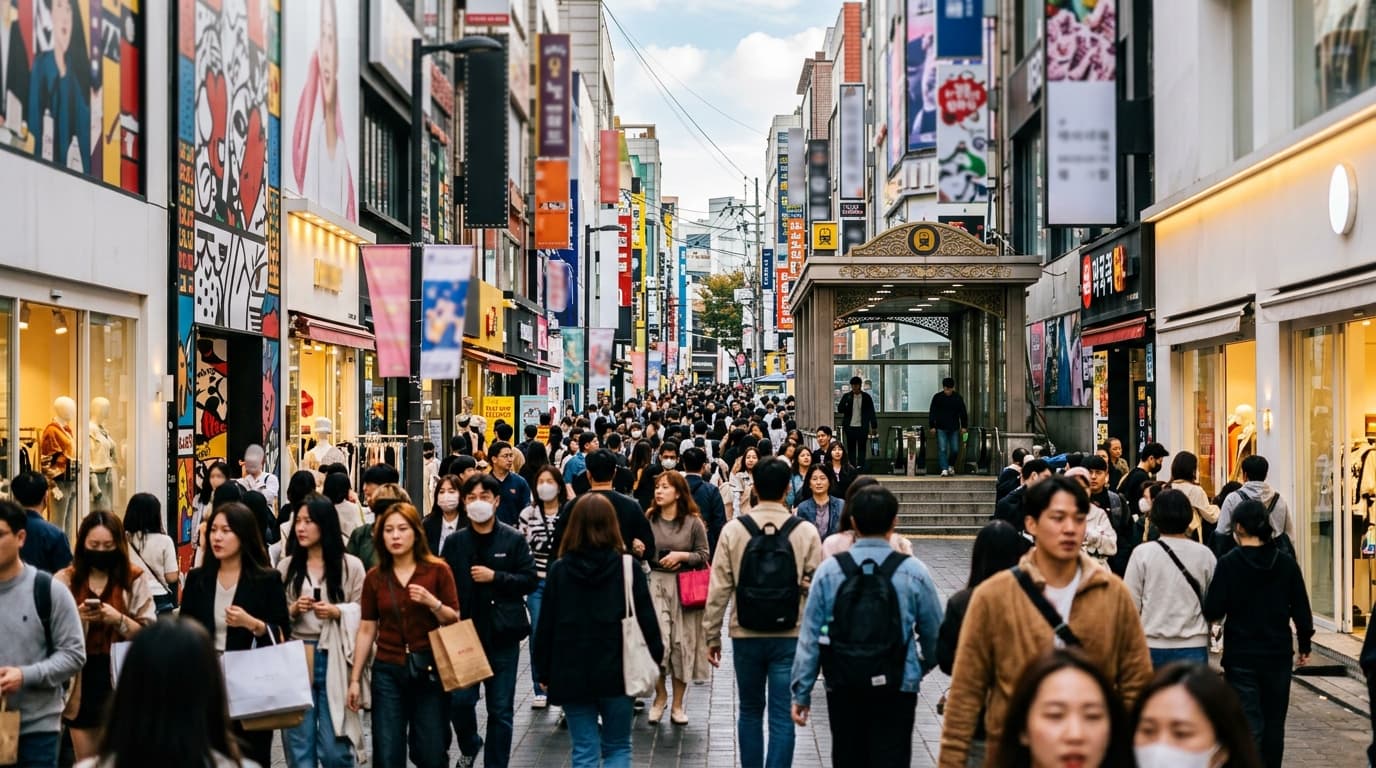 明洞ショッピングストリートと地下鉄6番出口の賑わいを写した写真