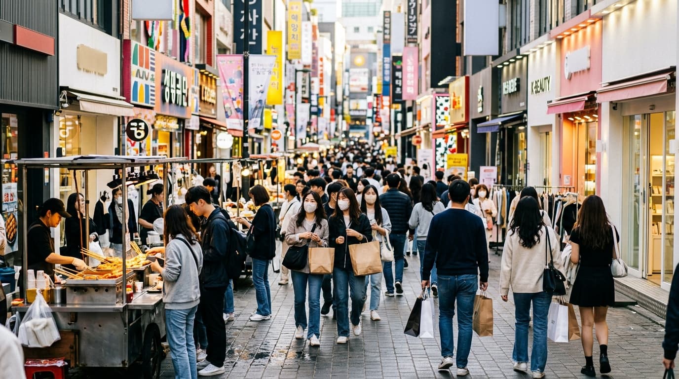 明洞ショッピングストリートを歩く観光客と賑やかな店舗風景