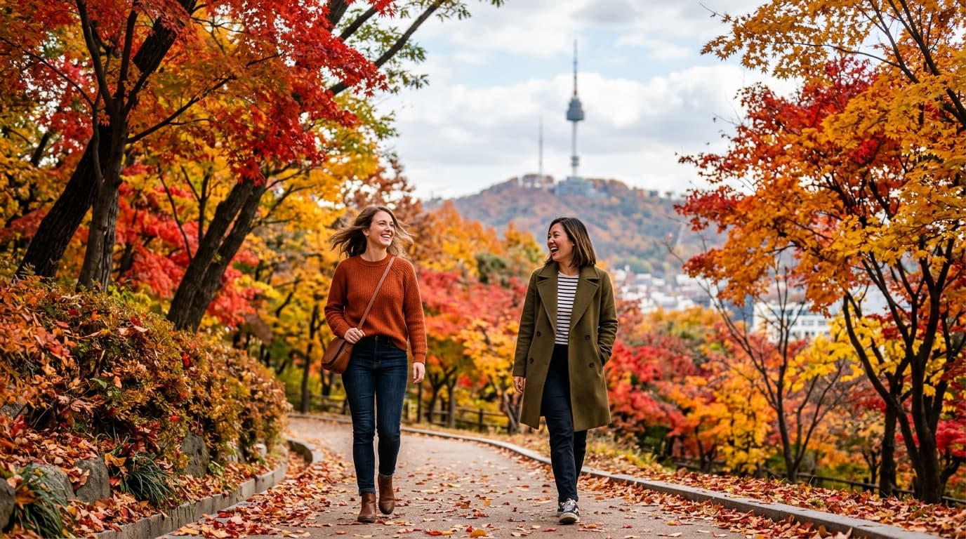 南山公園で紅葉を楽しむ30代女性たちとNソウルタワーの風景