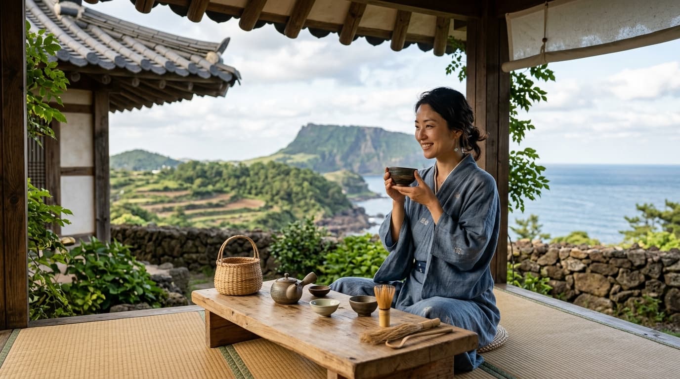 チェジュ島で伝統茶道と手作り体験を楽しむ日本人女性の風景