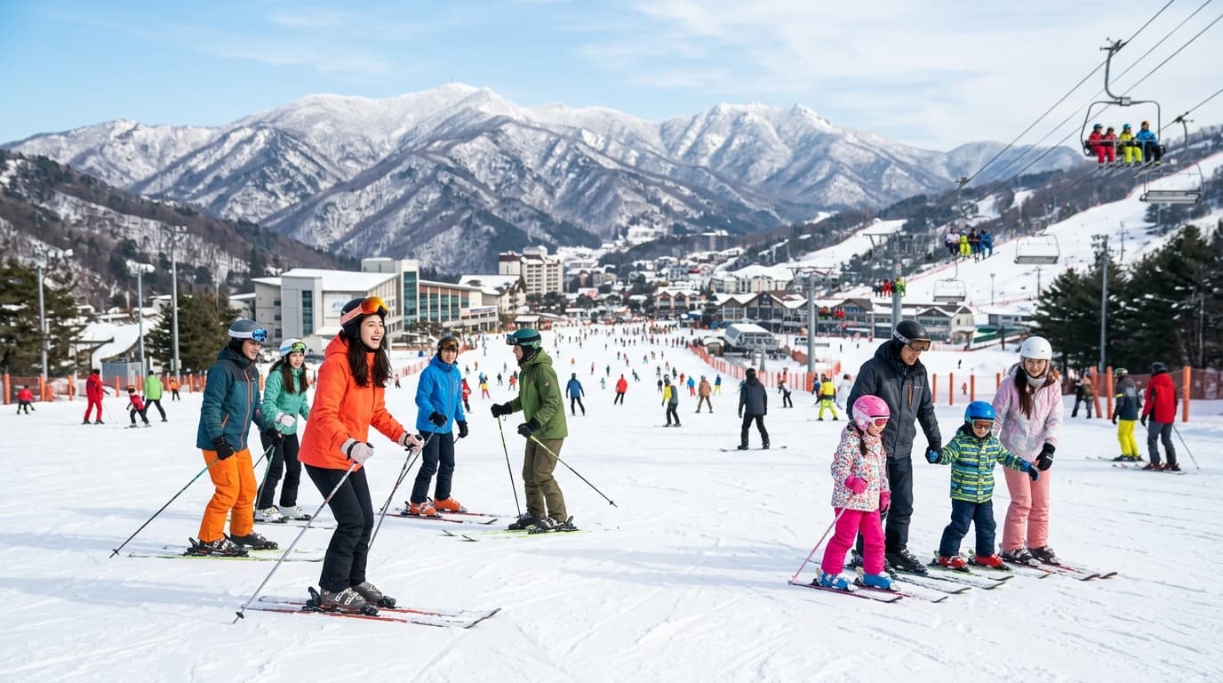 韓国のスキーリゾートで滑走を楽しむ人々と雪山の風景