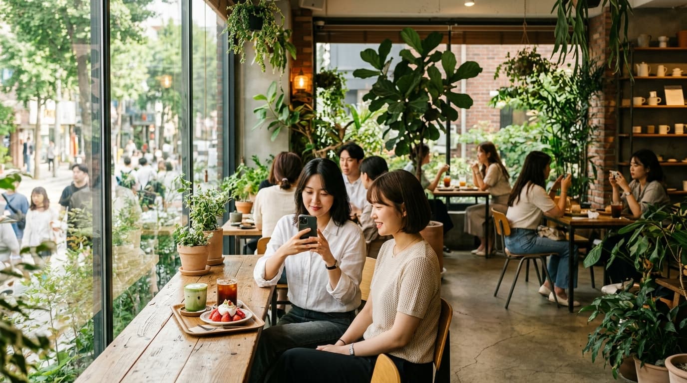 カロスキルの明るいカフェで写真を撮る女性たち