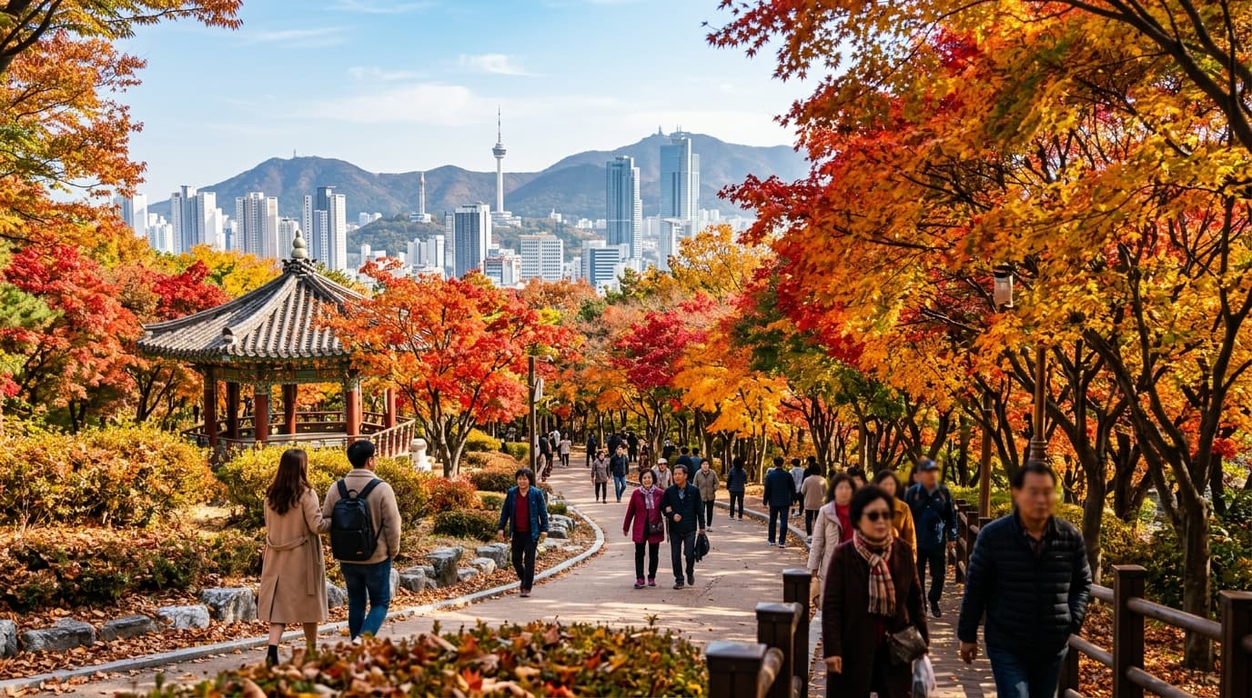 釜山の有名公園で色鮮やかな紅葉と観光客が散策する秋の風景