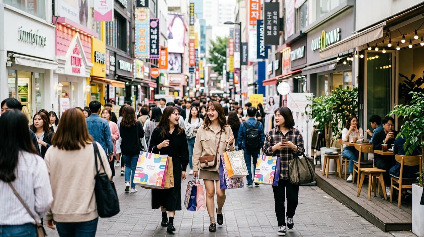 明洞のショッピングストリートで買い物を楽しむ日本人女性たち