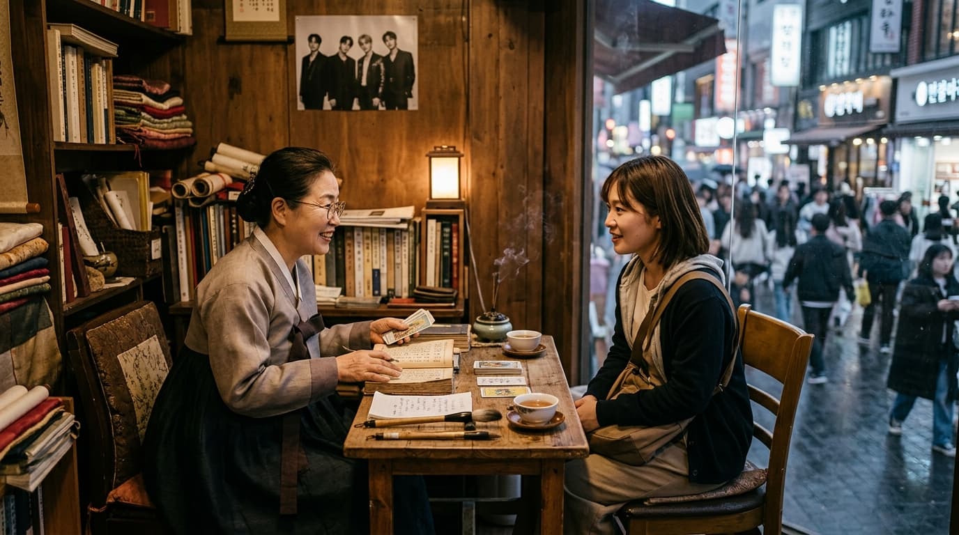 明洞の韓国占い館で日本人女性が体験している様子