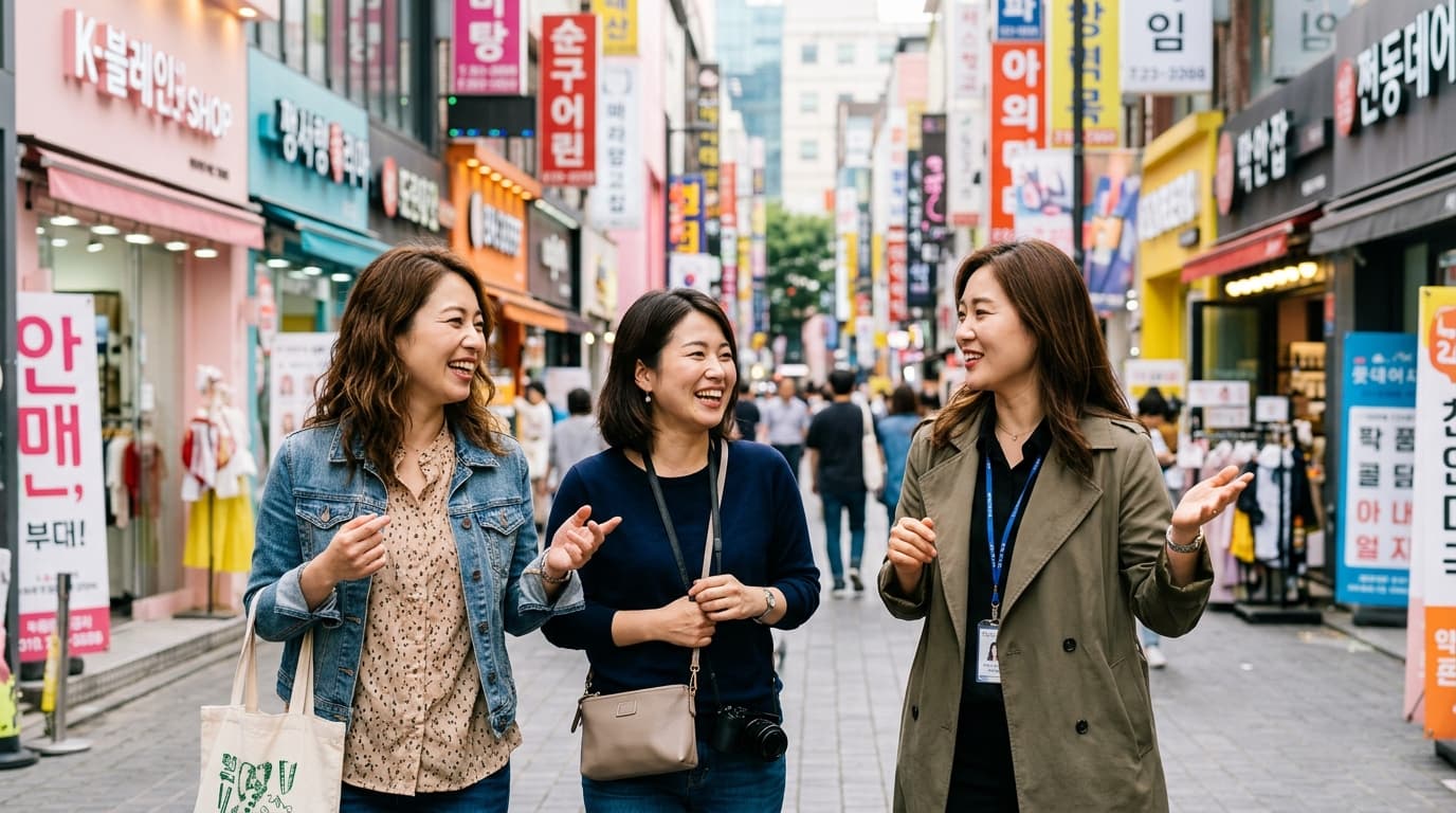 明洞のカラフルな通りで日本人女性2人がガイドと観光する様子