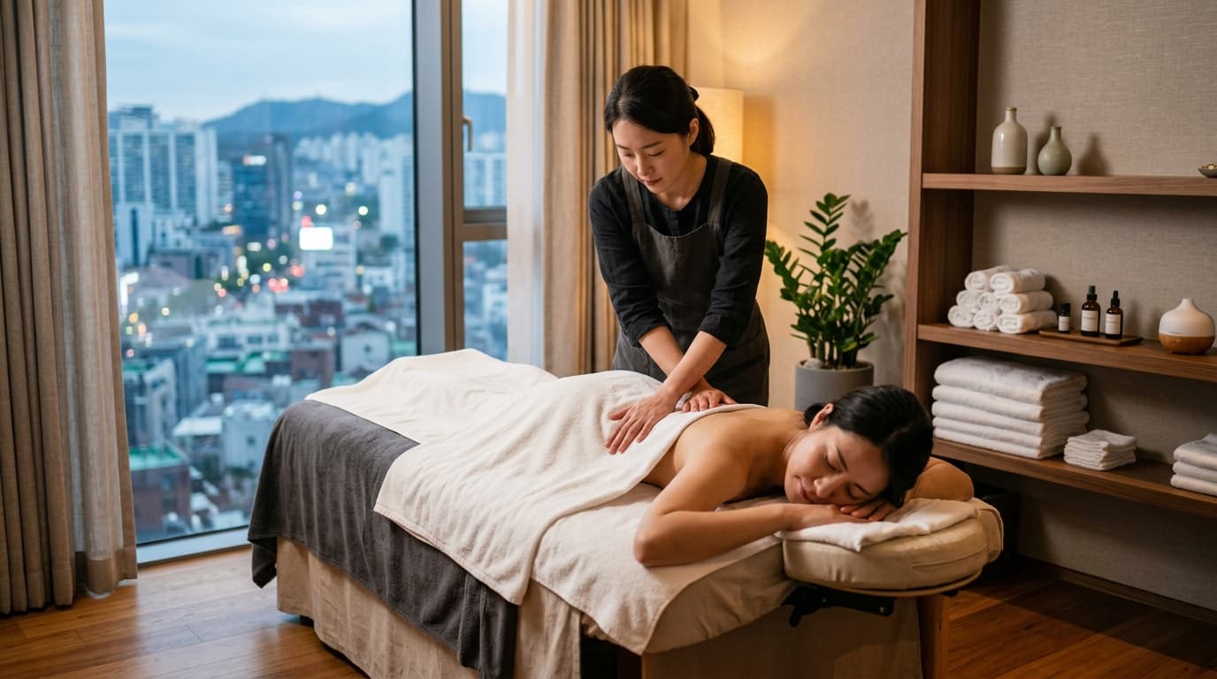 ソウルのマッサージ店でリラックスする日本人女性の様子