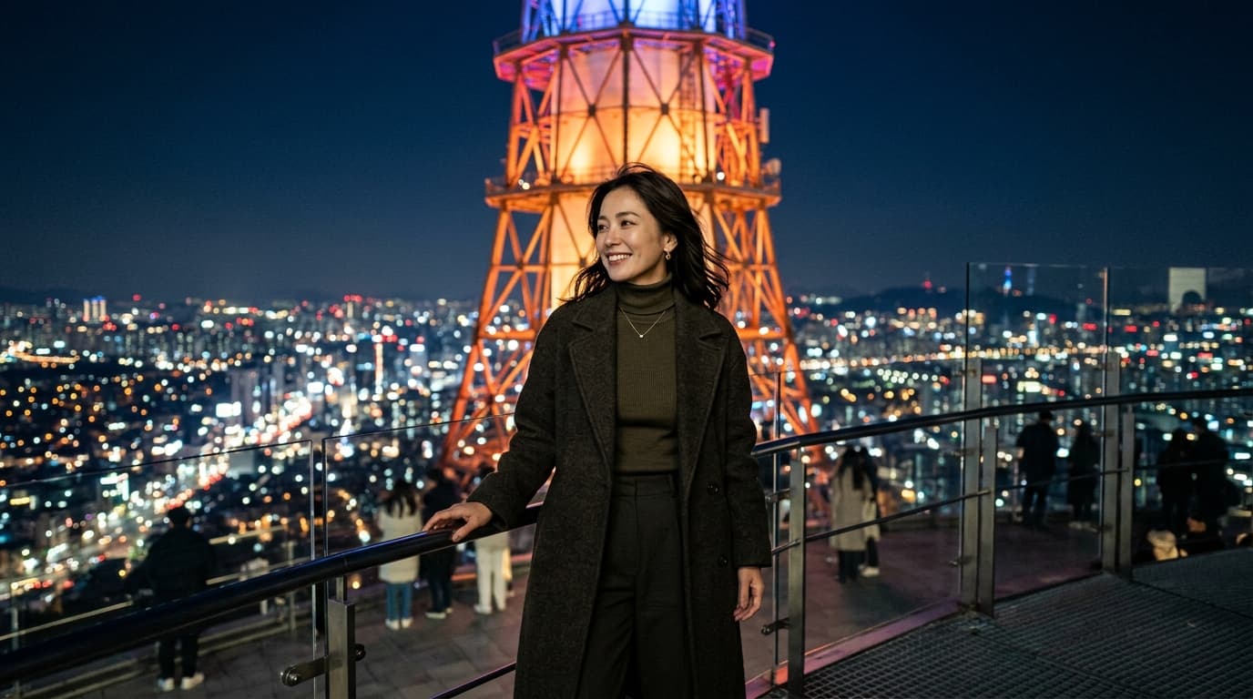 Nソウルタワー展望台から夜景を楽しむ30代日本人女性