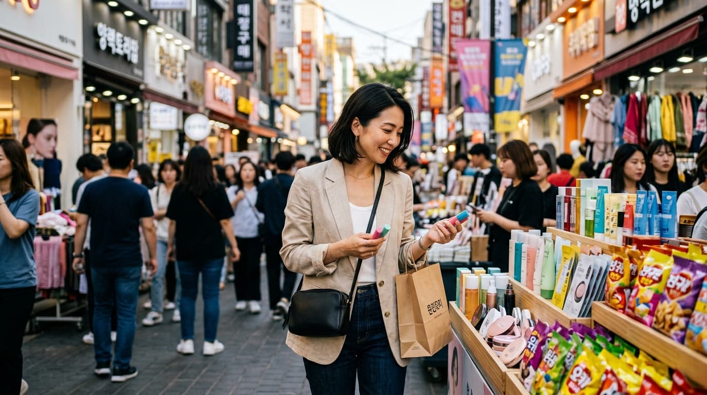 明洞の人気ショップでお土産を選ぶ日本人女性の様子