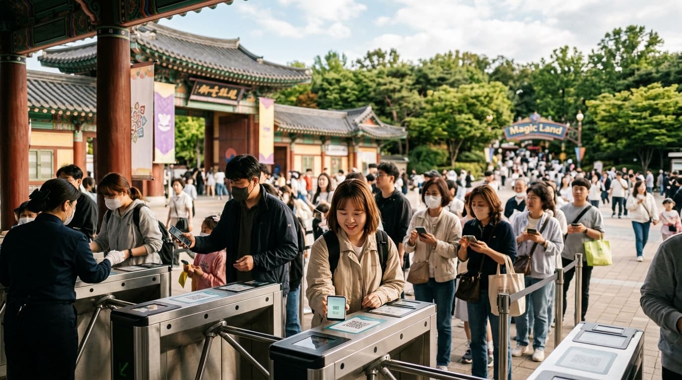エバーランド入口でスマホQRをかざす日本人観光客の様子