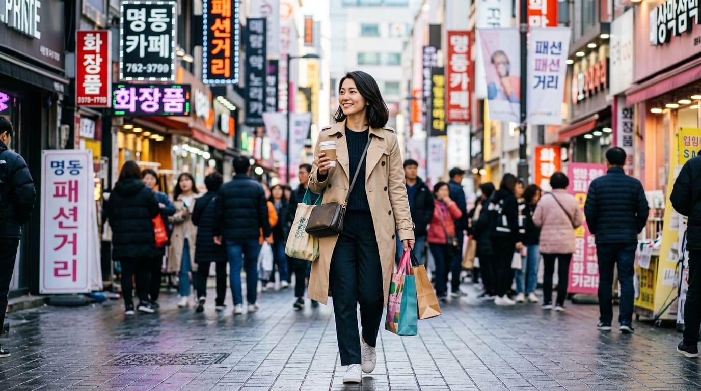 明洞でショッピングを楽しむ日本人女性のソロ韓国旅行風景