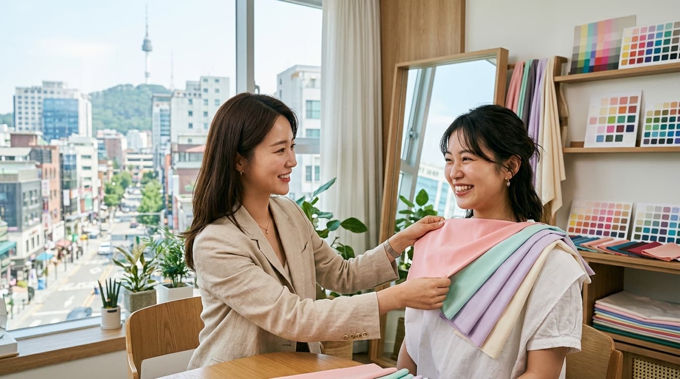 韓国のパーソナルカラー診断サロンで日本人女性が診断を受けている様子