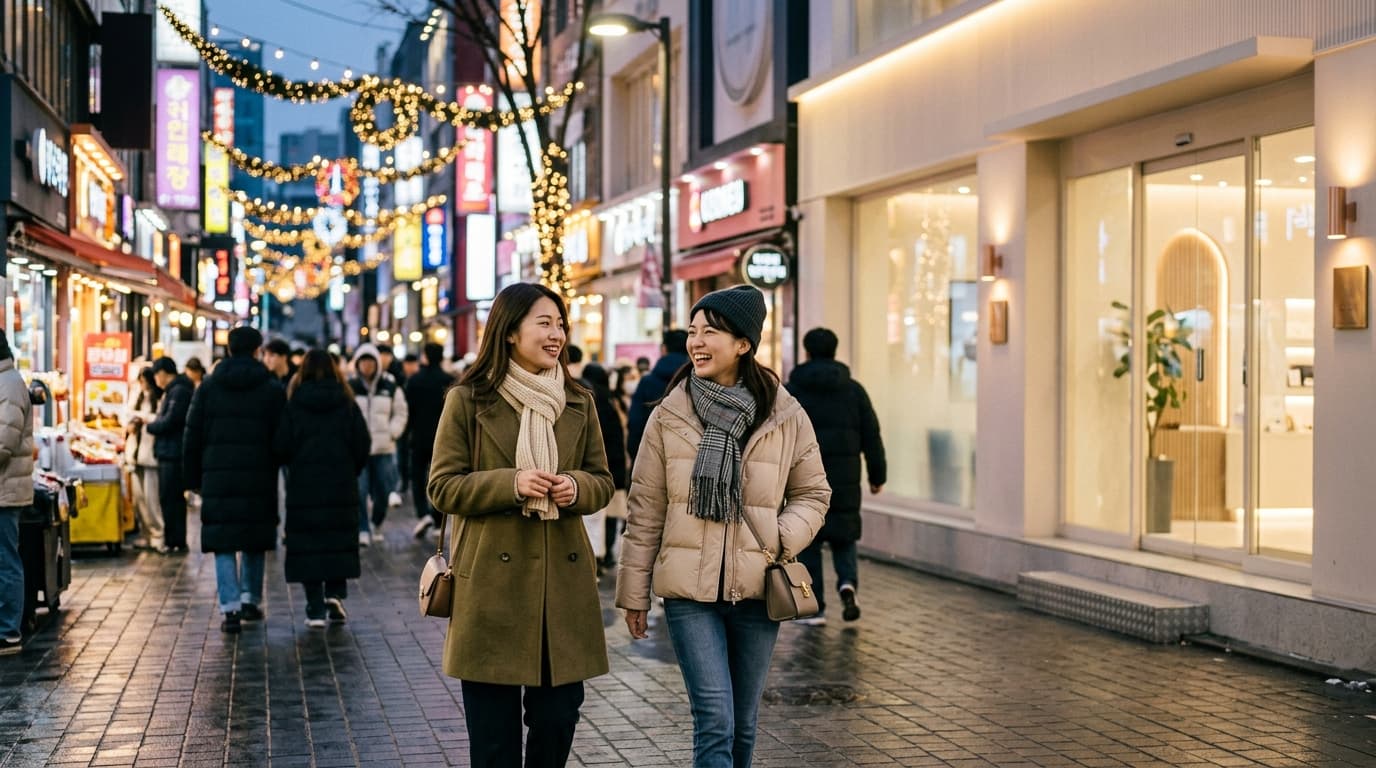 冬の明洞でイルミネーションを楽しむ日本人女性たちと韓国美容クリニックの外観