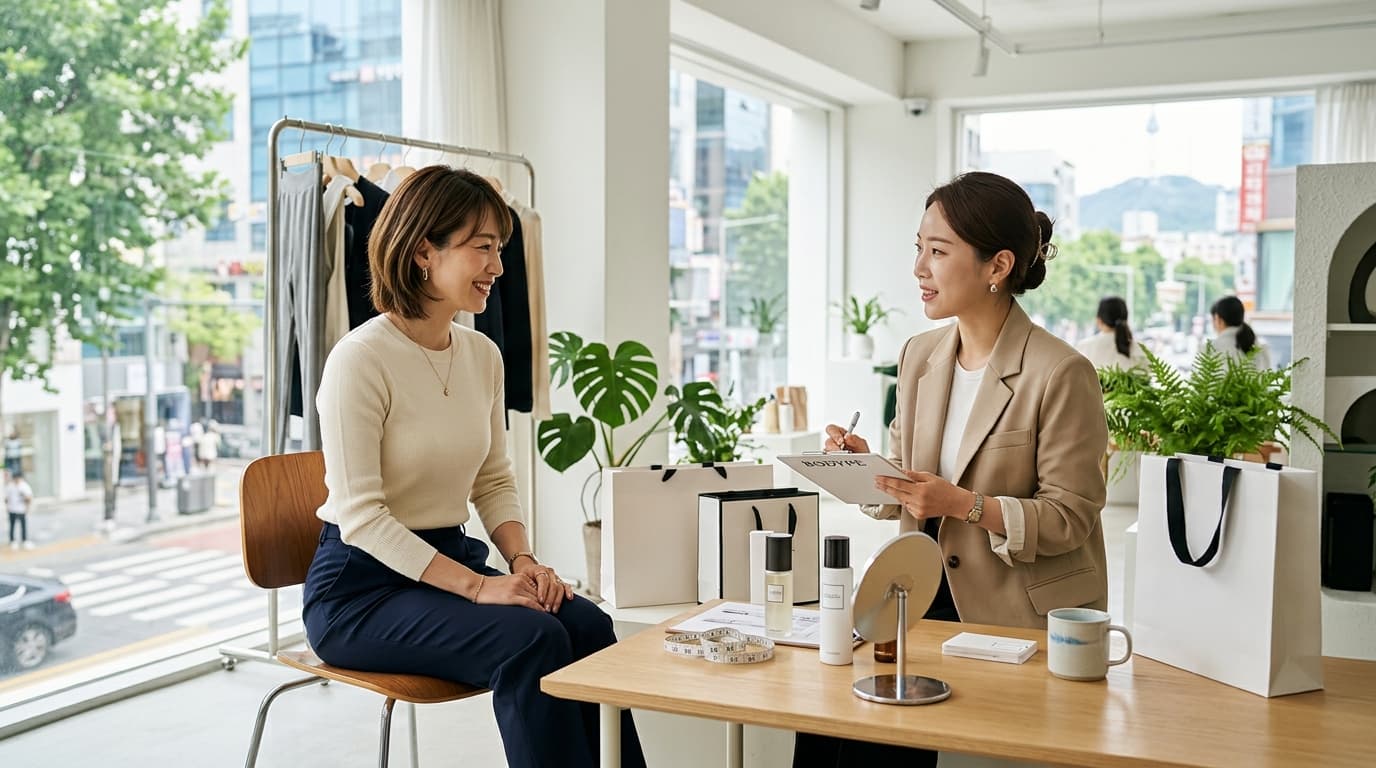 ソウルのおしゃれなスタジオで日本人女性が骨格診断を受けている様子