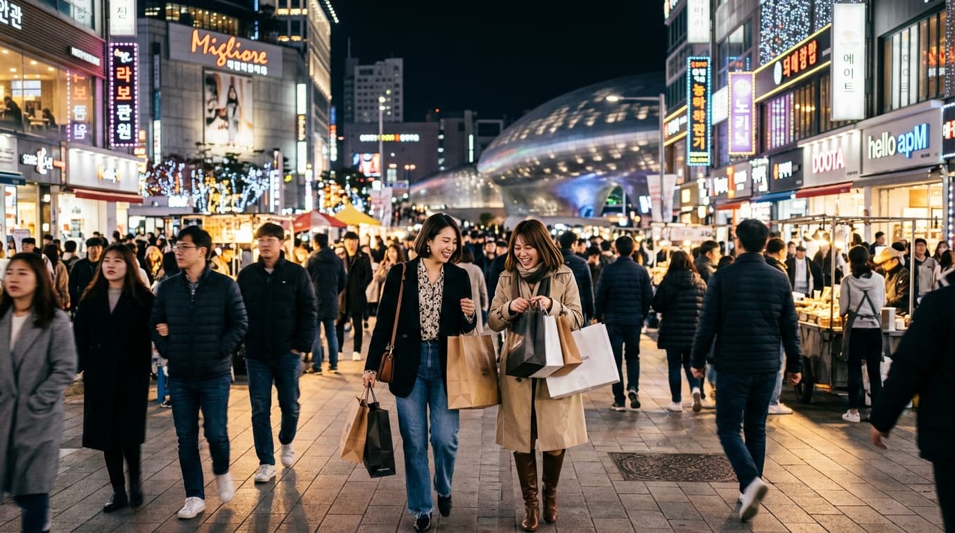 夜の東大門でショッピングを楽しむ日本人女性たちの様子