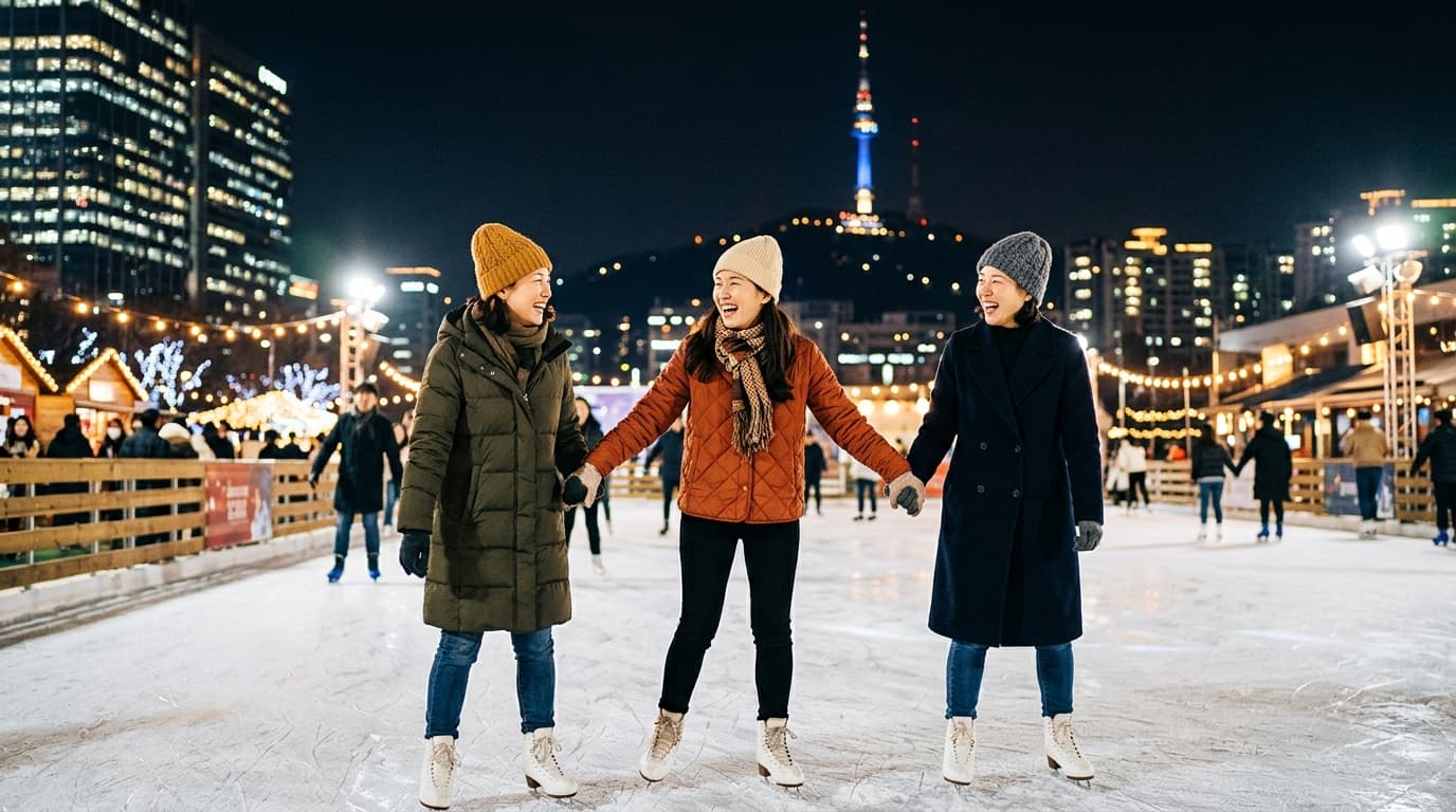 ソウル市内の夜景とスケートリンクで冬を楽しむ女性たち