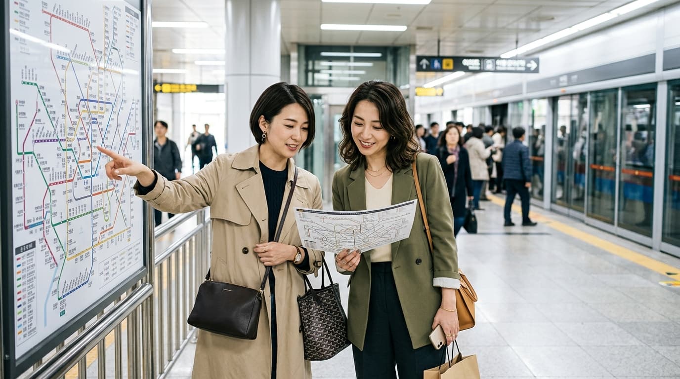 ソウル地下鉄駅で路線図を確認する日本人女性観光客二人