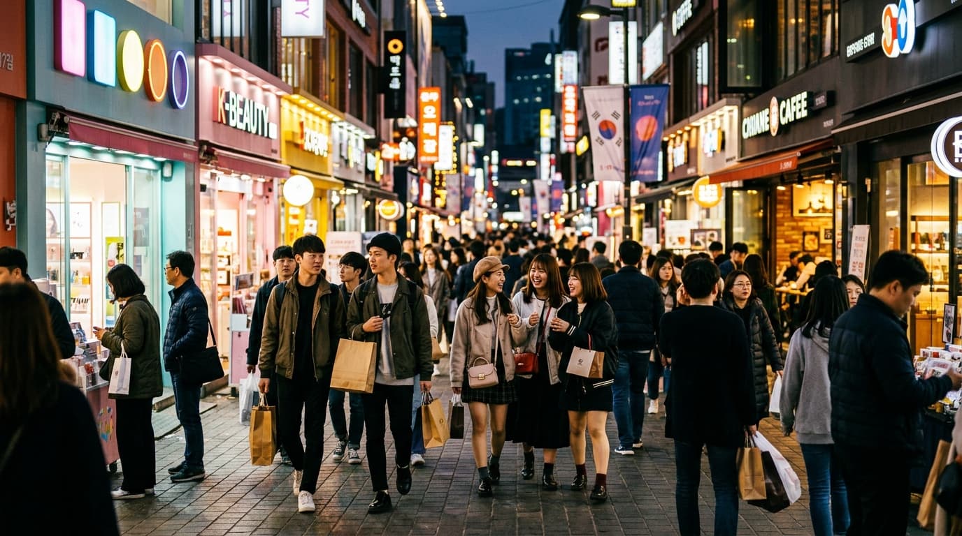 明洞ショッピングストリートの夕暮れ、賑わう店舗と観光客