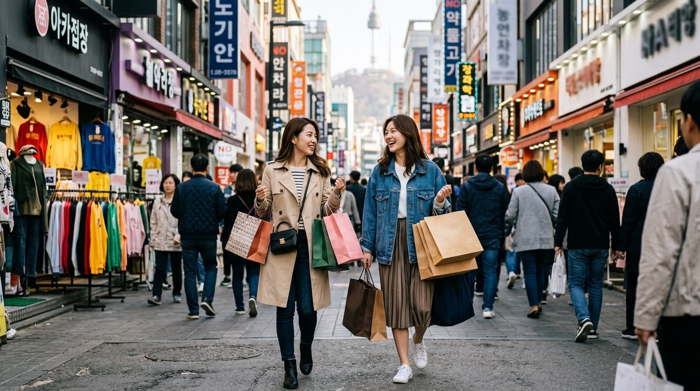 明洞でトレンド服を選ぶ女性たちと賑やかなショップ街の風景