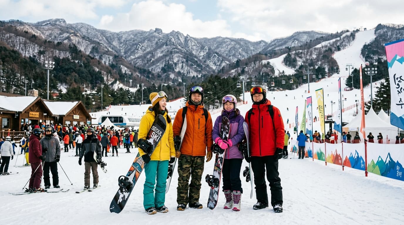 韓国の雪山ゲレンデでスノボ選手たちが滑走している冬の風景