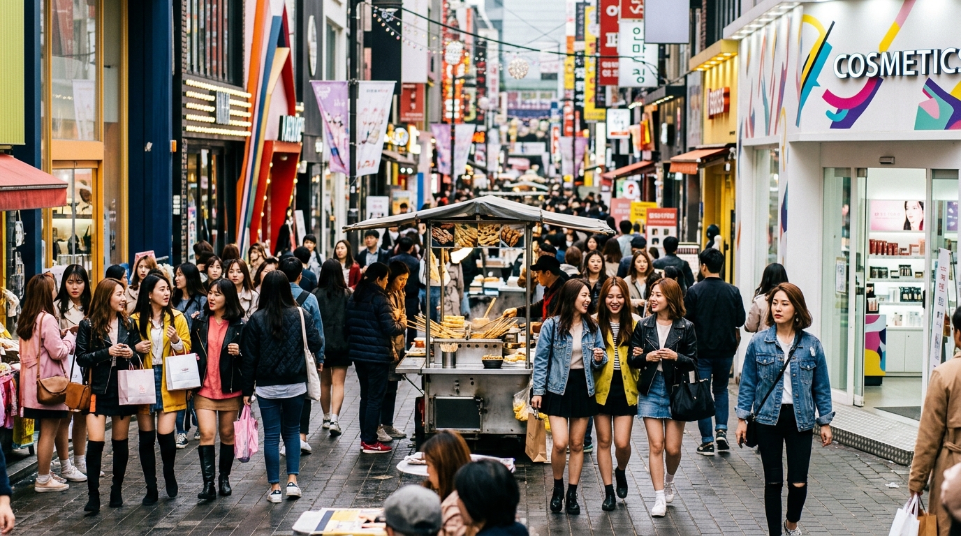 春の明洞ショッピングストリート、賑わう人々とカラフルな店舗
