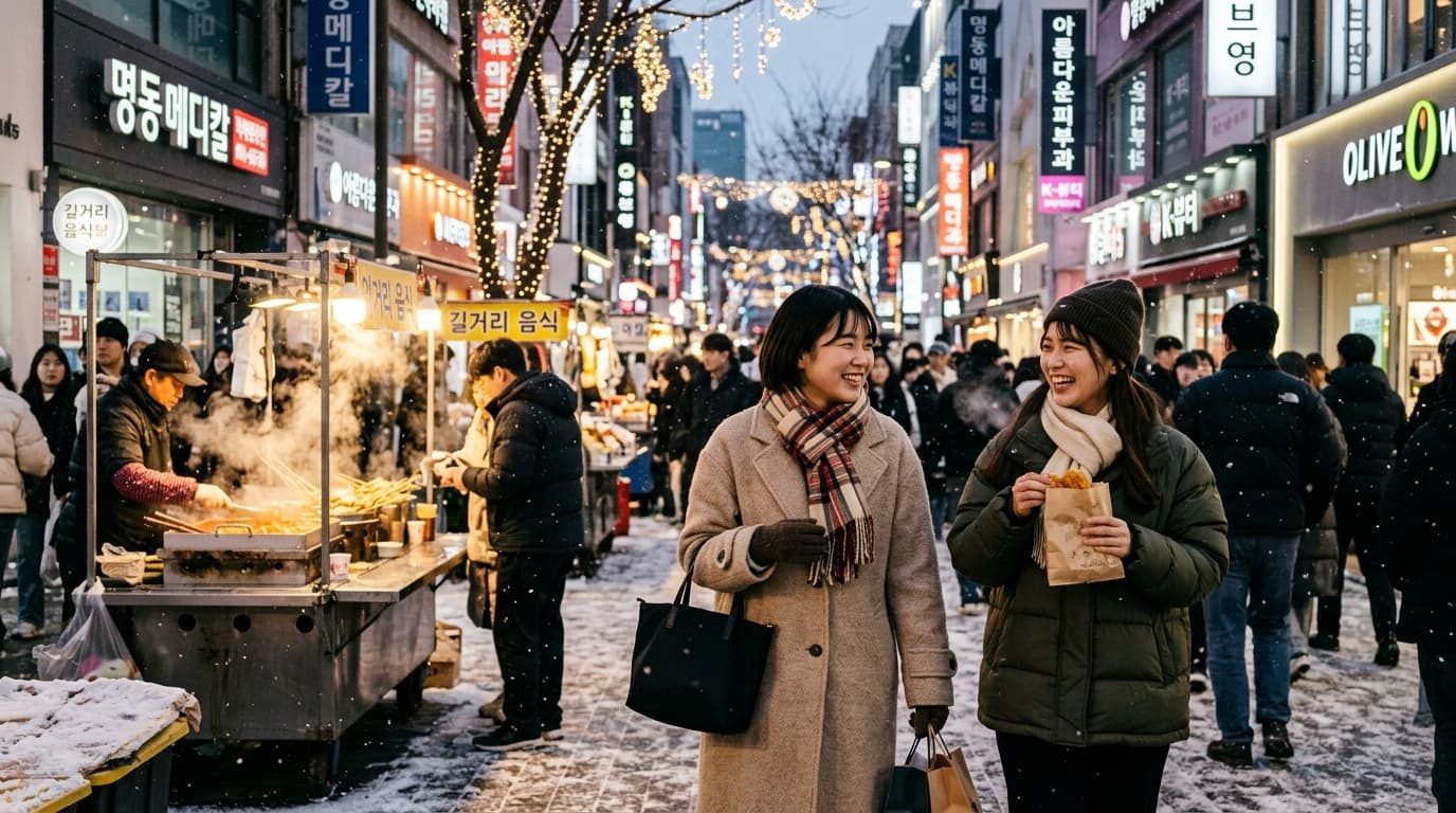 冬のソウル、明洞をコート姿で歩く日本人女性たちと美容クリニックの看板、屋台の湯気