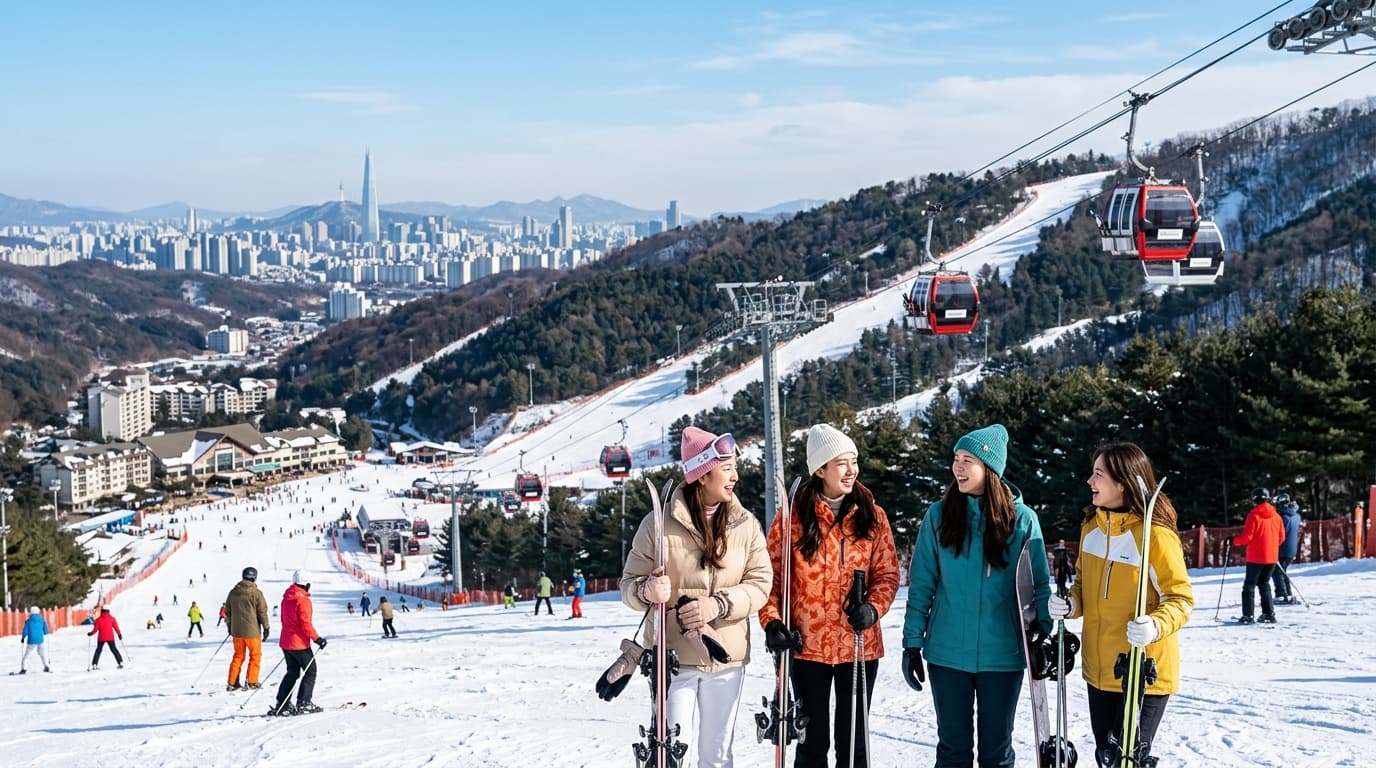ソウル近郊の韓国スキー場でカラフルなウェアの若い女性たちが雪山で楽しむ様子