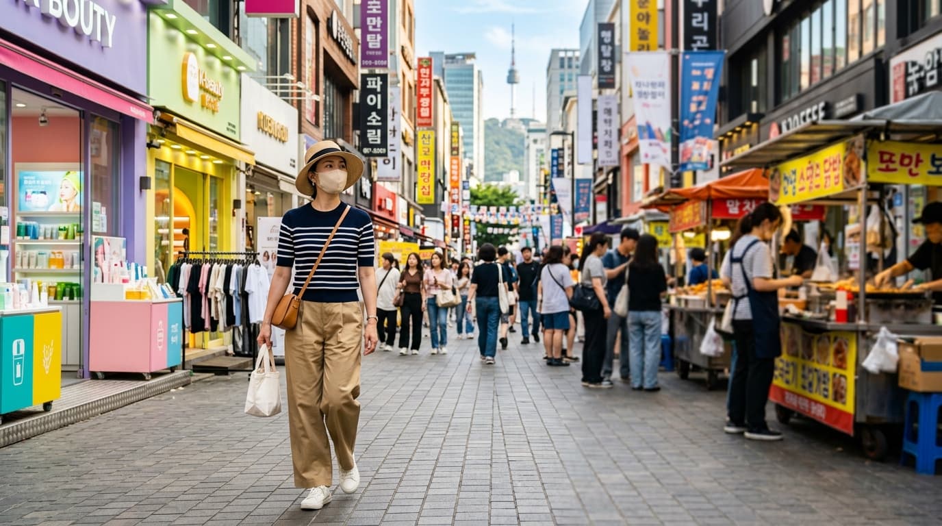 明洞ショッピングストリートを歩く30代日本人女性、日差しの下でショッピングバッグと帽子姿