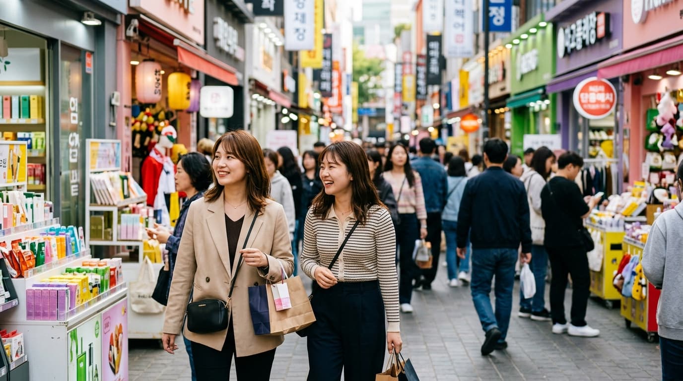 明洞の化粧品ショップでショッピングを楽しむ日本人女性たち